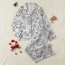 Rebel Heart Aesthetic: Medusa Dagger Rose Crown Dice Vintage Tattoo Pattern Textile Canvas Satin Pajamas Set