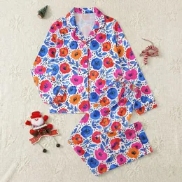 Women's Vibrant Illustrative Floral Pattern with Bold Navy Outlined Hot Pink Orange Royal Blue Poppies Satin Pajamas Set