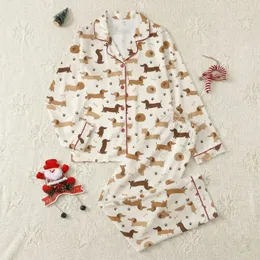 Women's Whimsical Dachshund Dog Creamy Off-White Brown Poses Paw Print & Bone Pattern Satin Pajamas Set