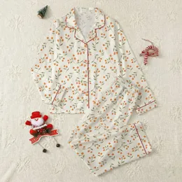 Women's Charming Hand-Painted Orange Tulip Olive Green Botanical Sprig Motif Satin Pajamas Set