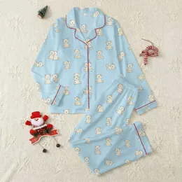 Cozy Home Lovers' Charming Light Blue Cream Illustrative Flat Teddy Bear Pattern Satin Pajamas Set