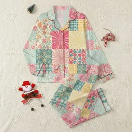 Women's Eclectic Patchwork Retro Textile Floral Damask Geometric Medallion Bright Pastels Satin Pajamas Set