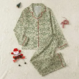Women's Classic Warm Beige Forest Green Ornate Damask Acanthus Pattern Satin Pajamas Set
