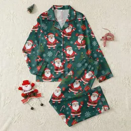 Women's Plus Size Dark Teal Festive Cartoon Santa Claus, Snowflake, Gift, Candy Cane All-Over Pattern Satin Pajamas Set