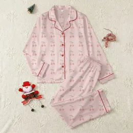 Women's Minimalist Hand-Drawn Soft Pink Cherry Cluster Pattern Light Green Leaves Satin Pajamas Set