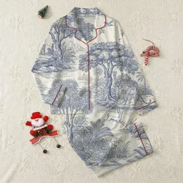 Women's Vintage Toile Cobalt Blue & Cream Exotic Landscape Cheetah Gazelle Pattern Satin Pajamas Set