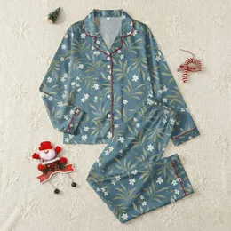 Women's Dusty Teal Delicate Olive Green Leaf Cream Flower Amber Berry Botanical Satin Pajamas Set