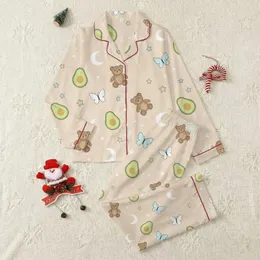 Women's Whimsical Flat Vector Beige Pattern with Brown Bears, Green Avocados, Blue Butterflies & Celestial Stars Moons Satin Pajamas Set