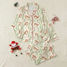 Women's Whimsical Red Panda & Soft Green Bamboo Forest Pattern with Pastel Pink Cherry Blossoms Satin Pajamas Set
