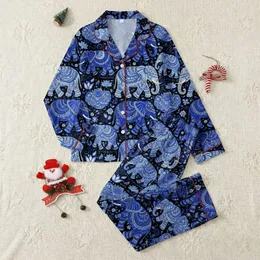 Women's Intricate Indigo Cobalt Sky Blue Elephant Mandala Paisley Art on Black Satin Pajamas Set