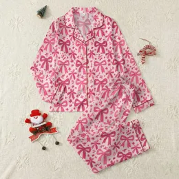 Women's Whimsical Hand-Drawn Fuchsia Rose Magenta Bow Floral Densely Packed Pattern Satin Pajamas Set