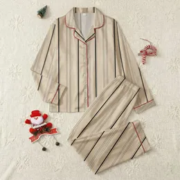 Women's Sophisticated Champagne Beige Vertical Stripe Geometric with Subtle Herringbone Texture & Black Pinstripes Satin Pajamas Set