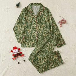 Women's Deep Forest Green Ornate Botanical Acanthus Leaf Scroll Pattern, Muted Gold & Cream Classical Motifs Satin Pajamas Set