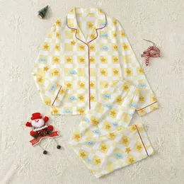 Women's Off-White Yellow Cheerful Illustrative Buffalo Plaid Smiling Stars & Sky Blue Clouds Satin Pajamas Set