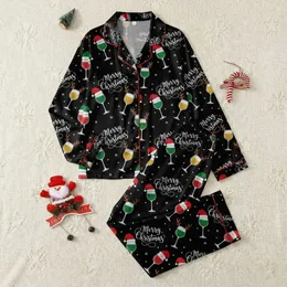 Christmas Celebrators' Black Festive Wine Glasses Santa Reindeer Elf Hat Pattern Satin Pajamas Set