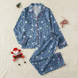 Women's Dusty Blue-Grey Heathered White Hand-Drawn Star Pattern Satin Pajamas Set