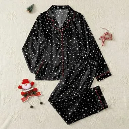 Modern Aesthetic Lovers' Elegantly Scattered Crisp White Stars on Jet Black Minimalist Celestial Pattern Satin Pajamas Set