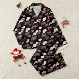 Vintage Art Lovers' Playful Dusty Pink Steam Train & 'Train Wreck' Black Pattern Satin Pajamas Set