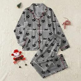 Women's Minimalist Black Cat Faces White Eye Peeking Line Art Heather Gray Pattern Satin Pajamas Set