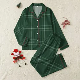 Women's Deep Forest Green Muted Sage Off-White Traditional Tartan Geometric Plaid Satin Pajamas Set