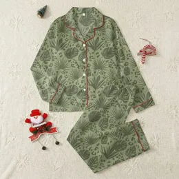 Women's Muted Olive Green Tone-on-Tone Flat Graphic Jungle Foliage Leopard Spot Pattern Satin Pajamas Set