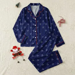 Women's Minimalist Deep Navy Striped White Hand-Drawn Heart Repeat Design Satin Pajamas Set