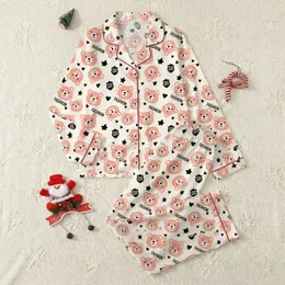 Women's Whimsical Creamy Off-White Seamless Peachy Pink Bear Faces Black Hearts Stars 'FASHION' Graphic Satin Pajamas Set