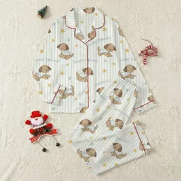 Women's Cream Off-White Naive Brown Puppy Blue Stripe Golden Star Pattern Satin Pajamas Set