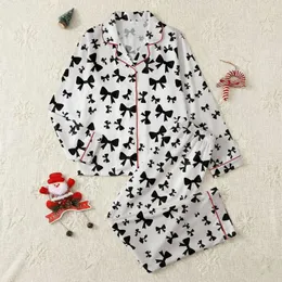 Women's Bold Maroon Red Black Scattered Stylized Bows Flat Graphic Pattern Satin Pajamas Set