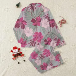 Women's Stylized Tropical Floral Seamless Pattern in Fuchsia Pink, Deep Maroon & Sage Green on Lavender-Pink Satin Pajamas Set