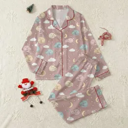 Women's Dusty Rose Pastel Cartoon Sleeping Cat Moon Star Cloud Gentle Pattern Satin Pajamas Set
