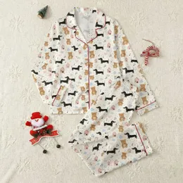 Dog Lovers' Whimsical Hand-Drawn Dachshund & Terrier Dog Pattern with Pink Bows & Blue Shapes on Cream Satin Pajamas Set