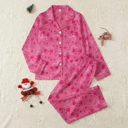 Women's Whimsical Fuchsia Bow & Flowing Ribbon Scattered Pattern on Medium Pink Satin Pajamas Set