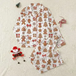 Christmas Enthusiasts' Warm Brown Gingerbread Men & Houses, Red Candy Canes, White Icing, & Snowy Elements Pattern Satin Pajamas Set