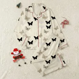 Women's Elegant Cream Beige Scattered Butterfly & Periwinkle Botanical Motif Satin Pajamas Set