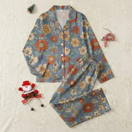 Women's Vintage Illustrative Floral Pattern with Burnt Orange, Rust, Beige, Cream on Dusty Blue Satin Pajamas Set