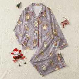 Women's Lavender-Mauve Whimsical Cartoon Bear 'LOVE YOU' Pale Yellow & Light Blue Pattern Satin Pajamas Set