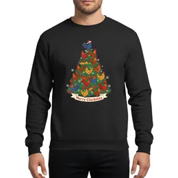 Family's Whimsical Dark Green Christmas Tree with Colorful Chickens, Santa Hat Rooster & Merry Cluckmas Banner Sweatshirt