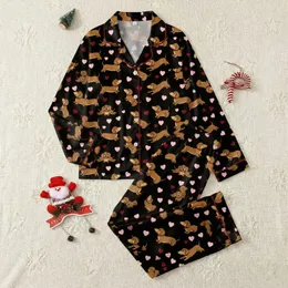 Women's Cute Illustrative Brown Dachshund Black Background Pink Red Heart Pattern Satin Pajamas Set