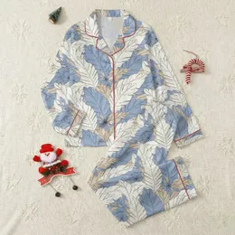 Women's Muted Dusty Blue Beige Navy Off-White Abstract Tropical Foliage Design Satin Pajamas Set