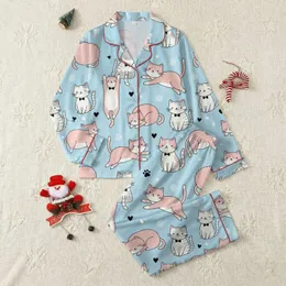 Cat Lovers' Whimsical Pastel Pink & White Cartoon Cats Sky Blue All-Over Playful Pattern with Hearts Satin Pajamas Set