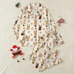 Women's Whimsical Cartoon Bunnies Autumn Foliage Warm Camel Cream Plaid Texture Satin Pajamas Set