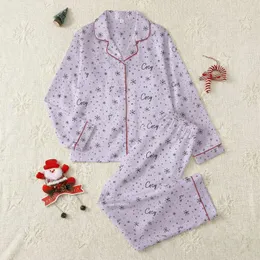 Women's Soft Light Lavender Minimalist Black Snowflake Star 'Cozy' Script Line Art Pattern Satin Pajamas Set