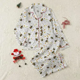 Nature Lovers' Delicate White Mustard Yellow Bumblebee & Charcoal Grey Botanical Pattern Satin Pajamas Set