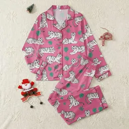 Women's Hot Pink White Tiger Playful Pose Teal Tropical Leaf Flat Graphic Pattern Satin Pajamas Set