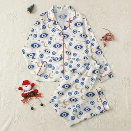 Women's Brilliant White Eclectic Stylized Evil Eye Royal Blue Gold Celestial Stars & Moons Satin Pajamas Set