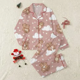 Kids' Whimsical Dusty Rose Brown Teddy Bear Cloud Star Pattern Satin Pajamas Set