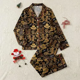 Country Gals' Rustic Western Cowgirl Boots, Hats, Gold Tan Leopard Spots, 'BOOTS ON' Text Satin Pajamas Set