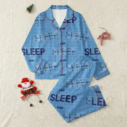 Relaxation Seekers' Playful Scattered Plaid & Solid 'SLEEP' Lettering in Navy, Cerulean & Sky Blue Grid Satin Pajamas Set