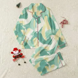 Women's Abstract Painterly Soft Watercolor Wash Cream Mint Yellow Brushstroke Pattern Satin Pajamas Set